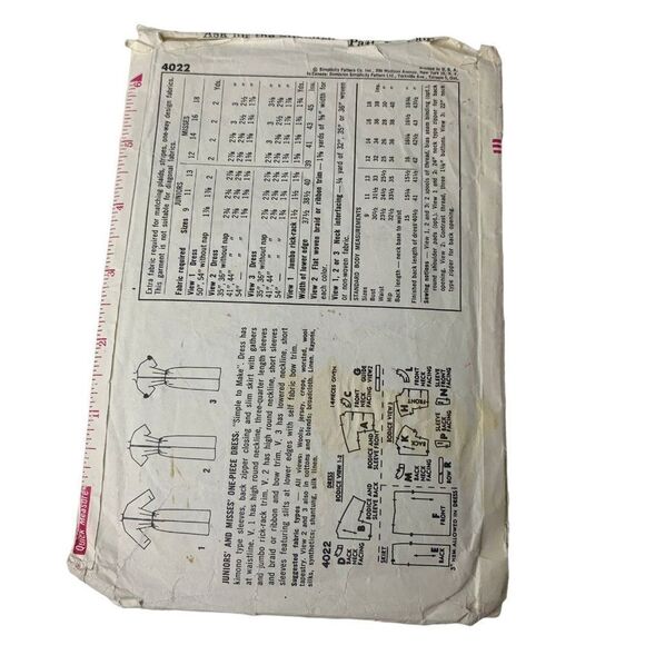 Vintage 60s Simplicity 4022 Pattern Juniors Misses 9-18 One Pce Dress Easy Cut - Picture 3 of 4